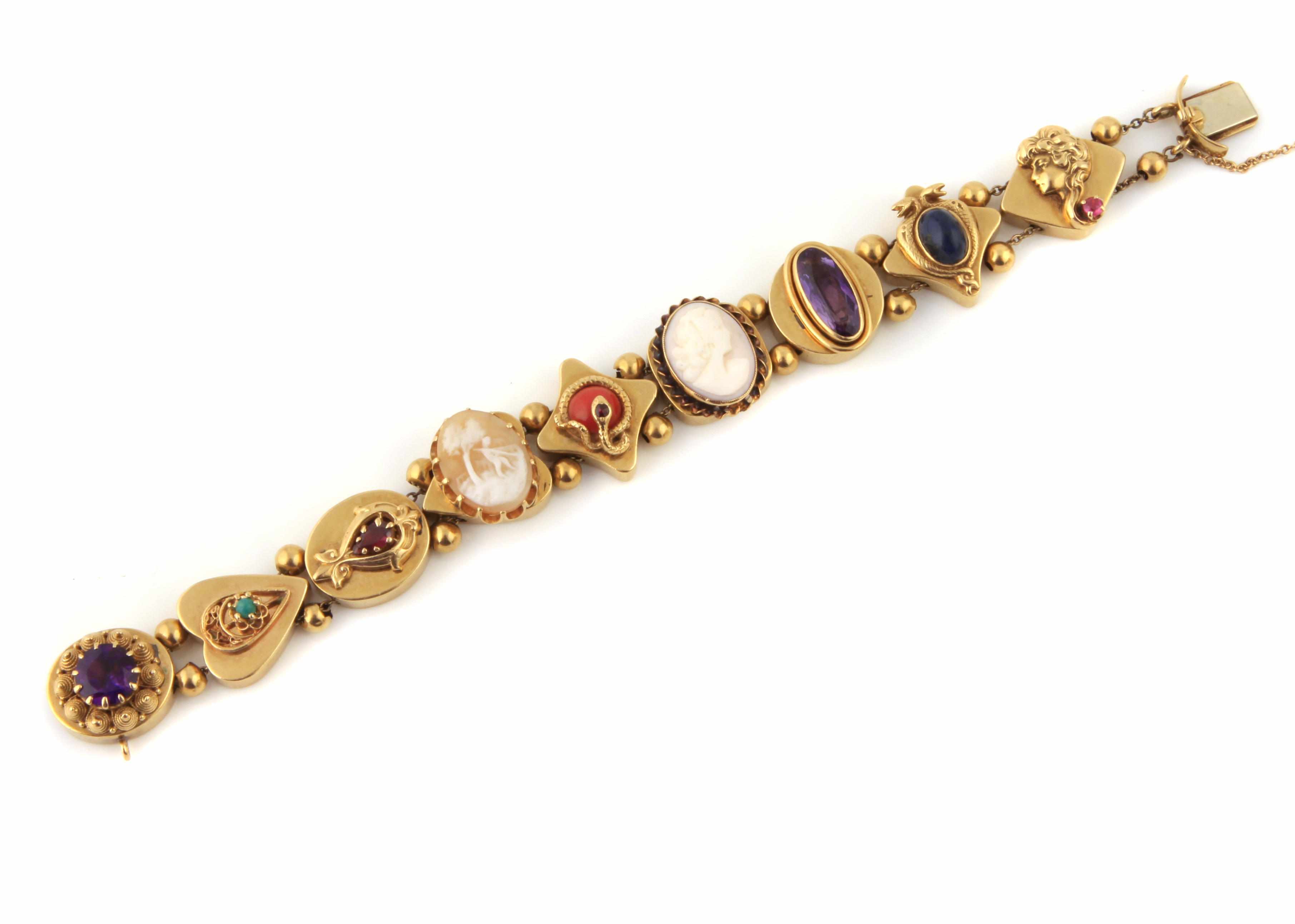 Appraisal: A gem-set and gold slide bracelet comprising slides g gross