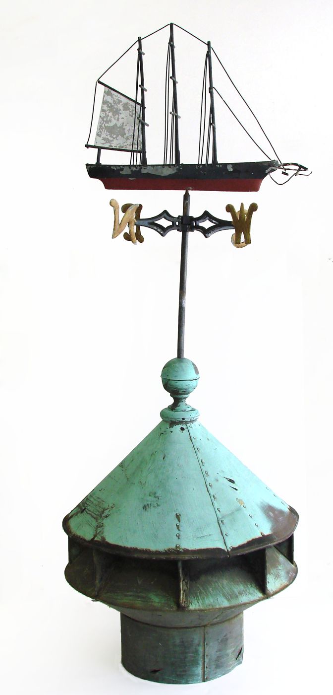 Appraisal: PAINTED METAL SHIP-FORM WEATHER VANE ON EWART COPPER VENT English