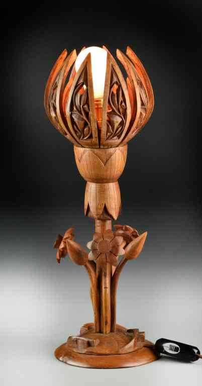 Appraisal: Carved Wood Lotus LampCarved to resemble a budding flower with