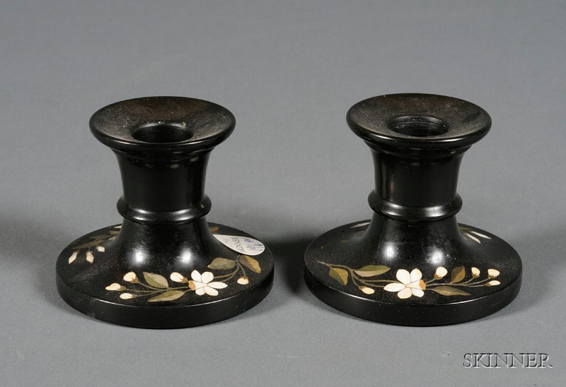 Appraisal: Pair of Italian Pietra Dura Low Candlesticks late th century