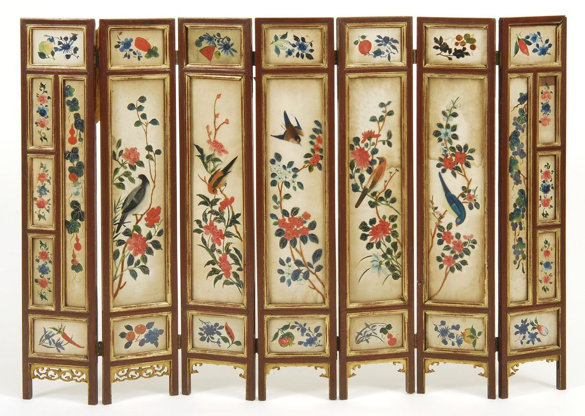 Appraisal: SEVEN-PANEL FOLDING SCREEN th CenturyWith red lacquer frame and watercolor