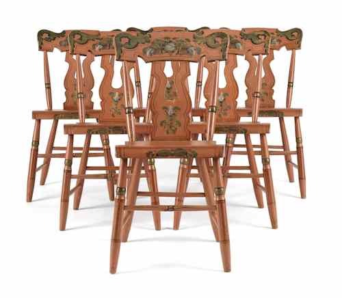 Appraisal: Set of six Pennsylvania painted plank seat chairs ca each