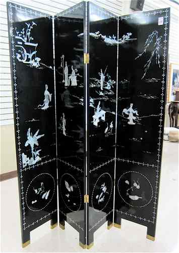 Appraisal: CHINESE FOUR-PANEL FLOOR SCREEN one side featuring inlaid mother-of-pearl pictorial