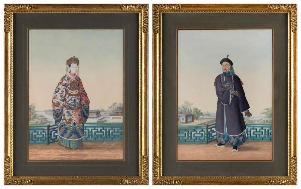 Appraisal: PAIR OF CHINESE ANCESTOR PORTRAITS TH CENTURY WATERCOLOR AND GOUACHE