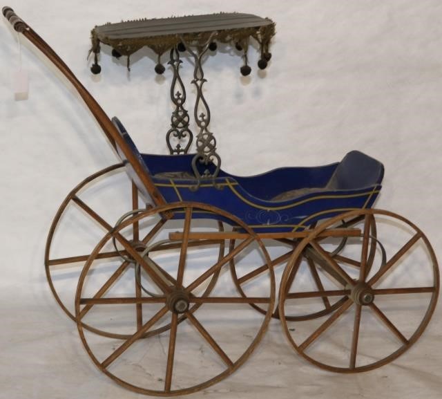 Appraisal: TH CENTURY CHILD S DOLL CARRIAGE WITH BLUEPAINTED SURFACE SURREY