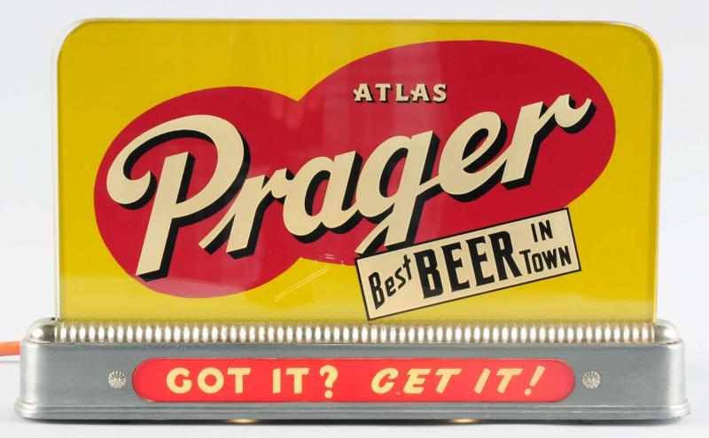 Appraisal: Atlas Prager Beer Reverse Glass Light-Up Sign Nice clean example