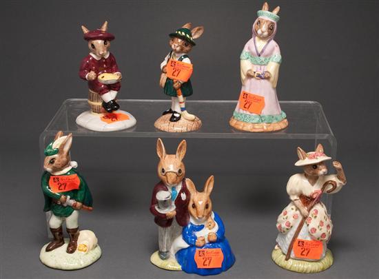 Appraisal: Six Royal Doulton china Bunnykins figures comprising Schooldays Robin Hood