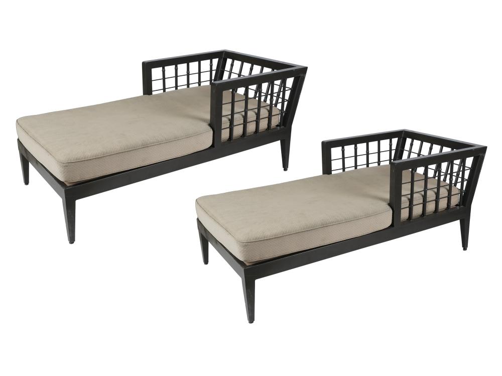 Appraisal: PAIR OF PAINTED METAL CHAISE LOUNGESwith faux bamboo backs and