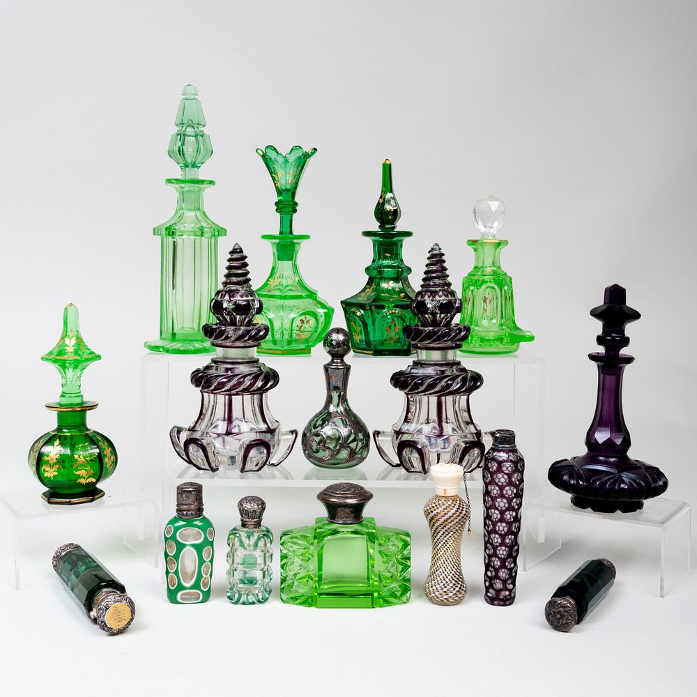 Appraisal: Group of Green and Aubergine Gilt-Decorated and Glass Overlay Glass