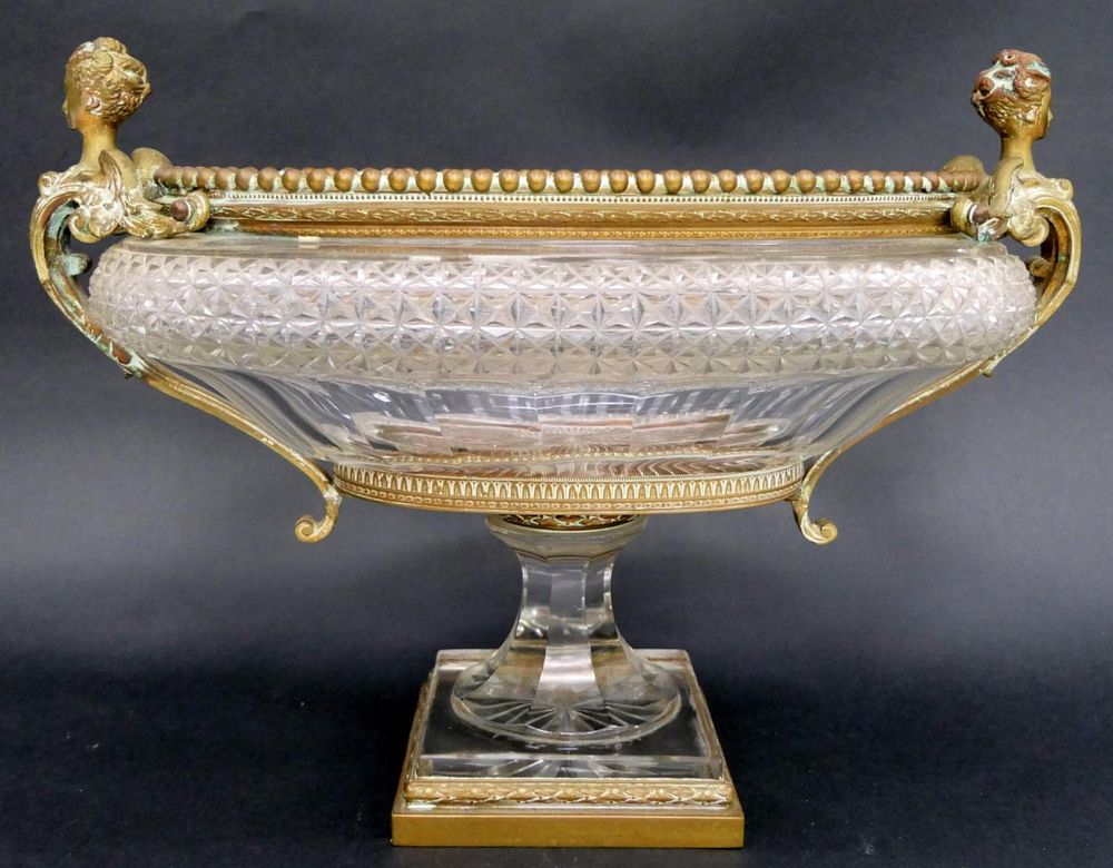 Appraisal: LARGE FRENCH EMPIRE STYLE OVAL CRYSTAL CENTER BOWL Brass accents