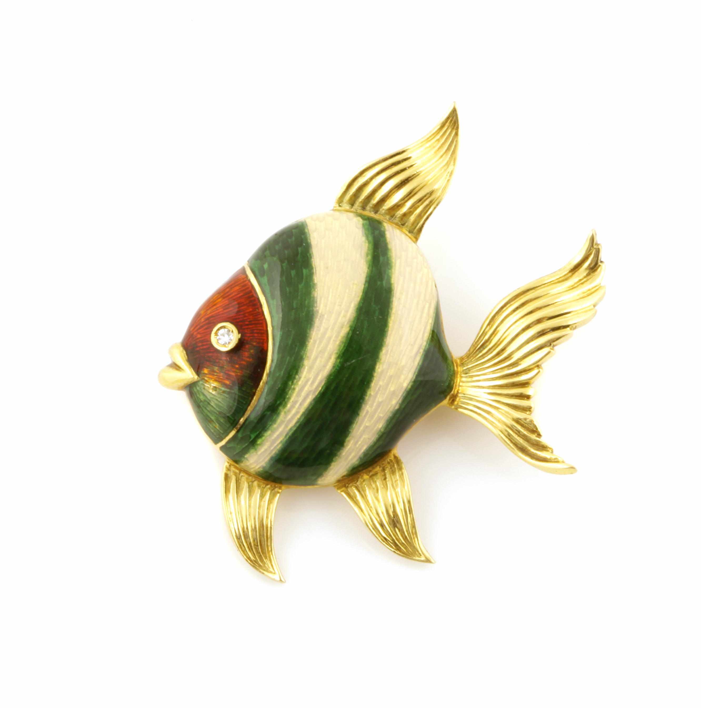 Appraisal: An enamel diamond and k gold fish brooch Tiffany Co