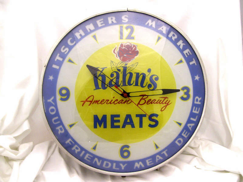 Appraisal: Kahn's Meats Round Face Clock Round flat glass face clock