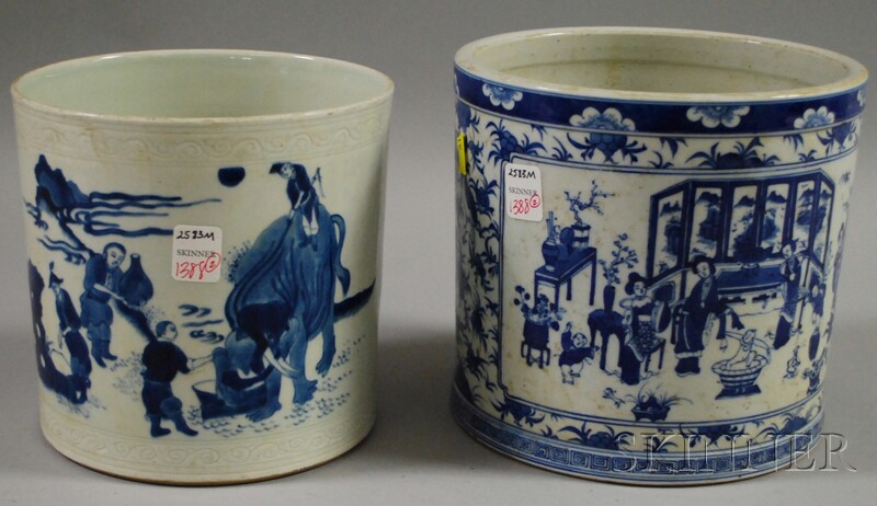 Appraisal: Two Chinese Blue and White Decorated Porcelain Brush Pots ht