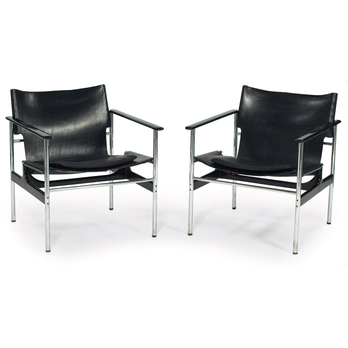 Appraisal: Charles Pollock chairs pair by Knoll original black leather sling