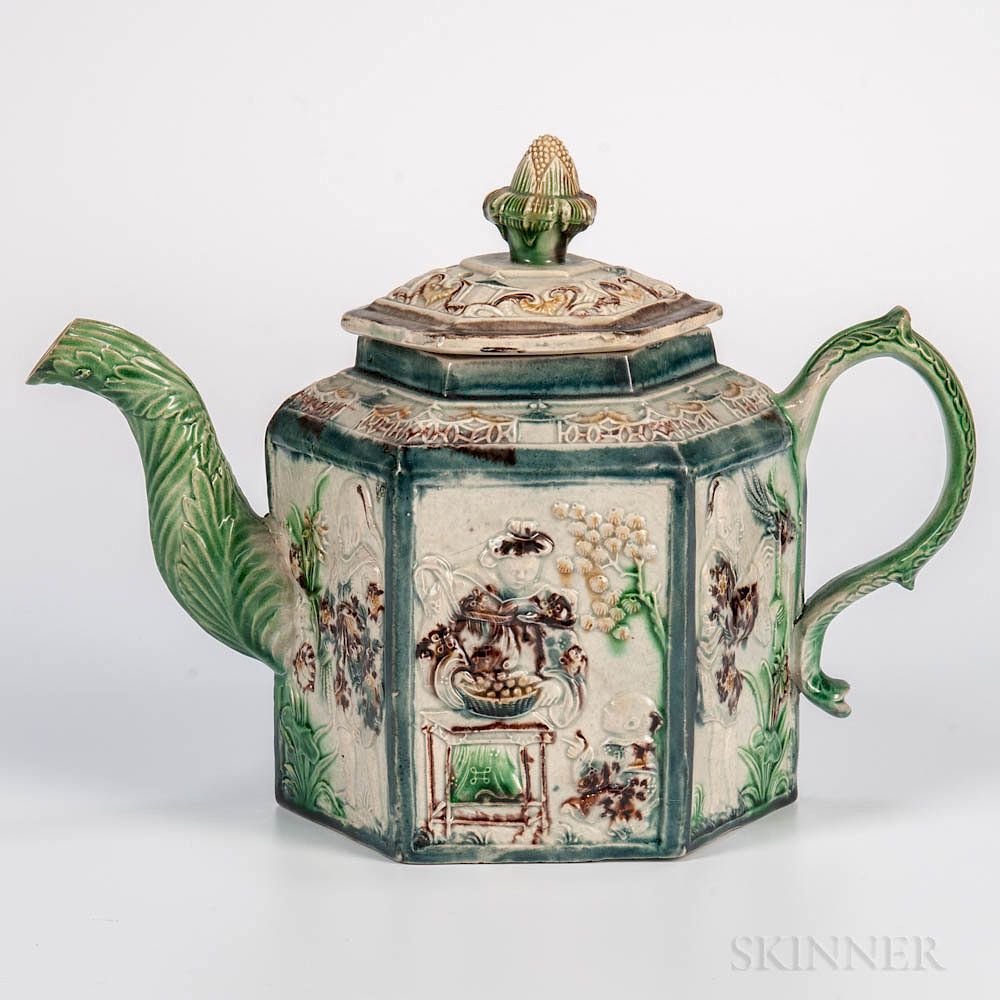 Appraisal: Staffordshire Creamware Chinoiserie-decorated Teapot and Cover Staffordshire Creamware Chinoiserie-decorated Teapot