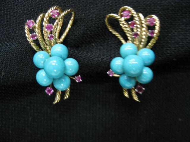 Appraisal: Ruby Turquoise Earrings floral style cluster of Persian blue turquoise