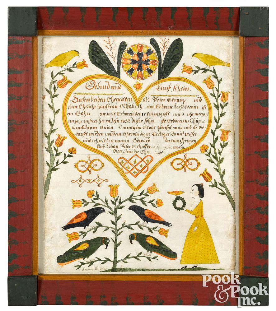 Appraisal: Francis Portzline ink and watercolor fraktur Francis Portzline Southeastern Pennsylvania