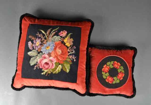 Appraisal: Antique Needlepoint PillowsIncludes a larger pillow in red fabric with