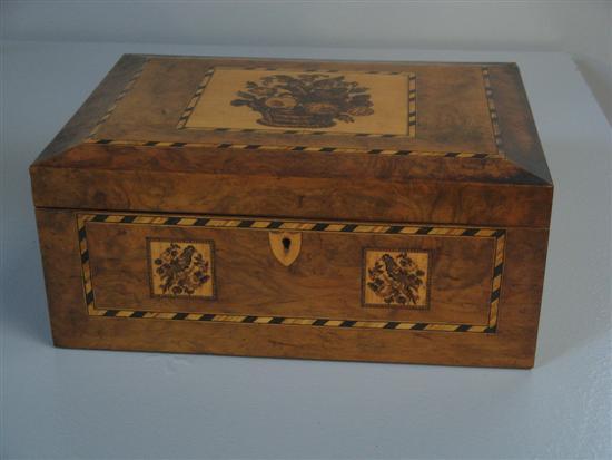 Appraisal: th century walnut Tunbridge Ware sewing box the hinged cover