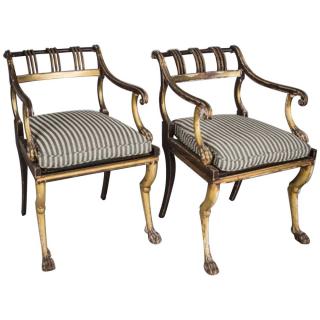 Appraisal: Pair of Regency Style Gilded and Painted Armchairs Hand-Painted GiltwoodWith