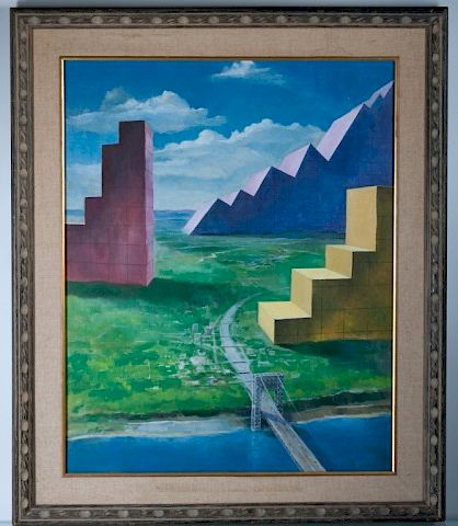 Appraisal: George Washington Bridge Oil Surrealist Signed Framed oil on canvas