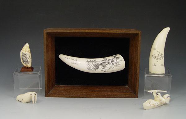 Appraisal: COLLECTION OF ALASKAN IVORY AND SCRIMSHAW To include Hawaiian scrimshaw