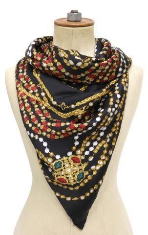 Appraisal: Chanel silk scarf black ground with gold chains ruby emerald