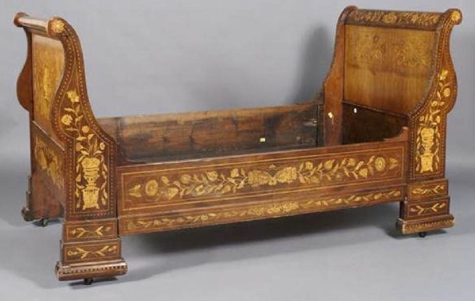 Appraisal: DUTCH NEOCLASSICAL MARQUETRY AND MAHOGANY SLEIGH BED th Century with