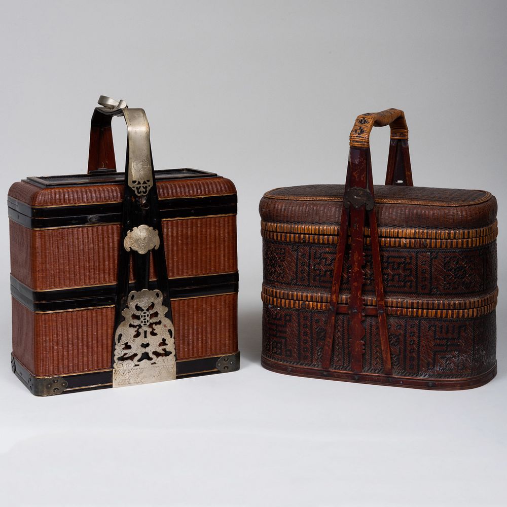 Appraisal: Two Chinese Double Compartment Wicker Baskets The first with metal