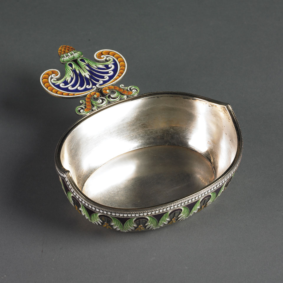 Appraisal: Russian Silver-Gilt and Cloisonn Enamel Kovsh Karl Faberg Moscow -