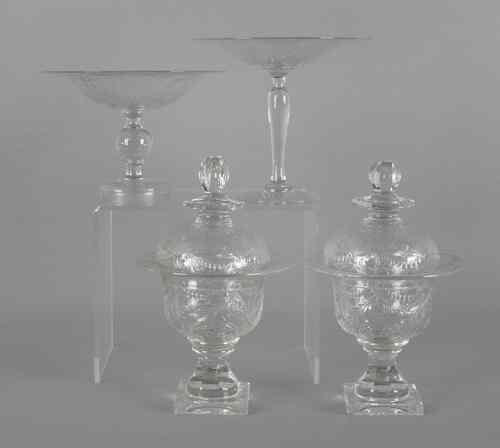 Appraisal: Two etched colorless glass compotes probably Pairpoint together with two