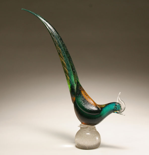 Appraisal: Seguso Corroso art glass pheasant on orb base H