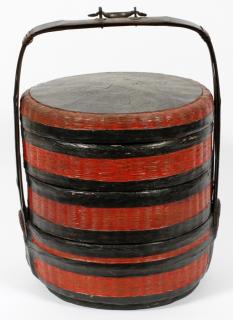 Appraisal: JAPANESE RED AND BLACK LACQUERED WICKER BASKET JAPANESE RED AND