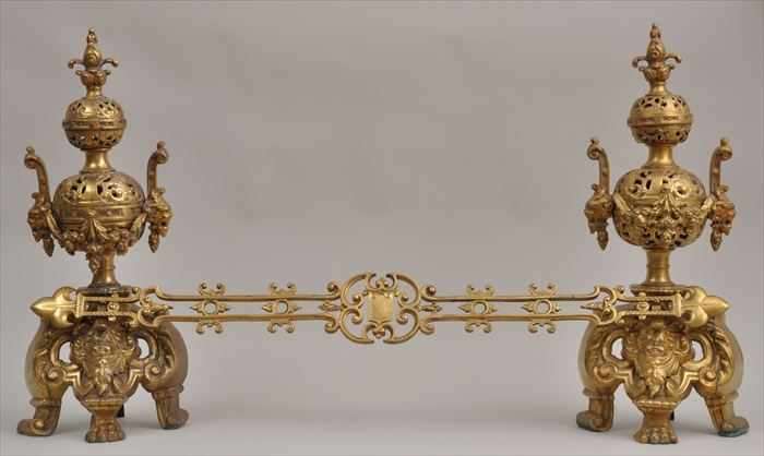 Appraisal: PAIR OF RENAISSANCE-STYLE BRASS ANDIRONS Each flambeau with tiered and