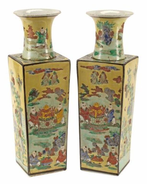 Appraisal: pair Chinese famille jaune porcelain square vases honorific Kangxi style