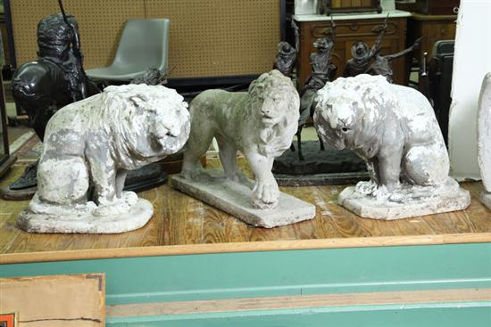 Appraisal: THREE CONCRETE LIONS Two pair seated with remnants of white