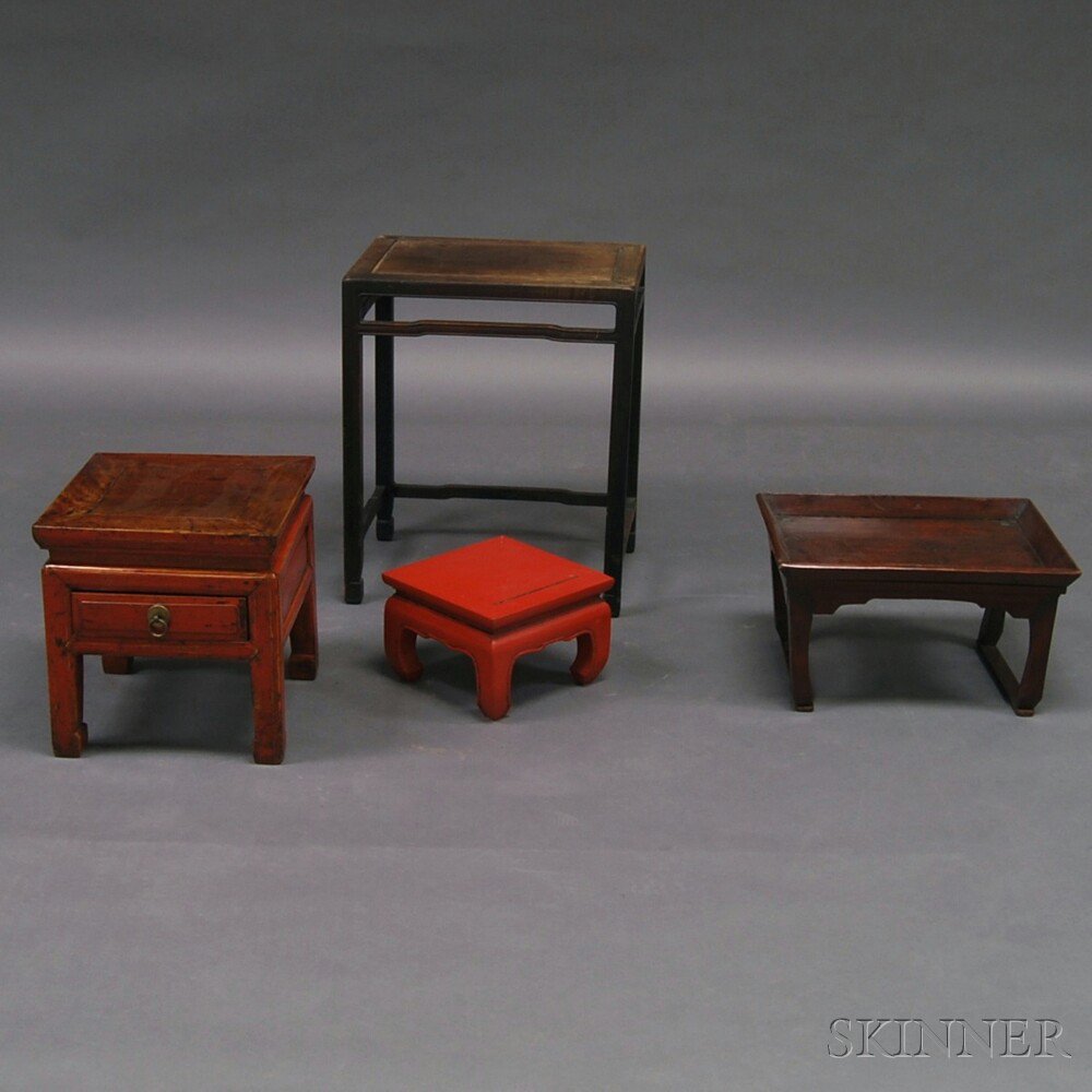 Appraisal: Four Wood Stands China a square stand with drawer on