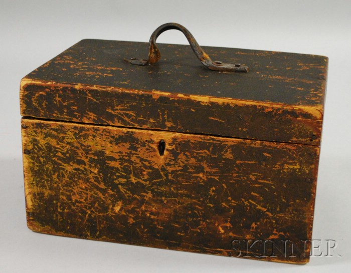 Appraisal: Black-painted Pine Box with Leather Handle ht wd dp in