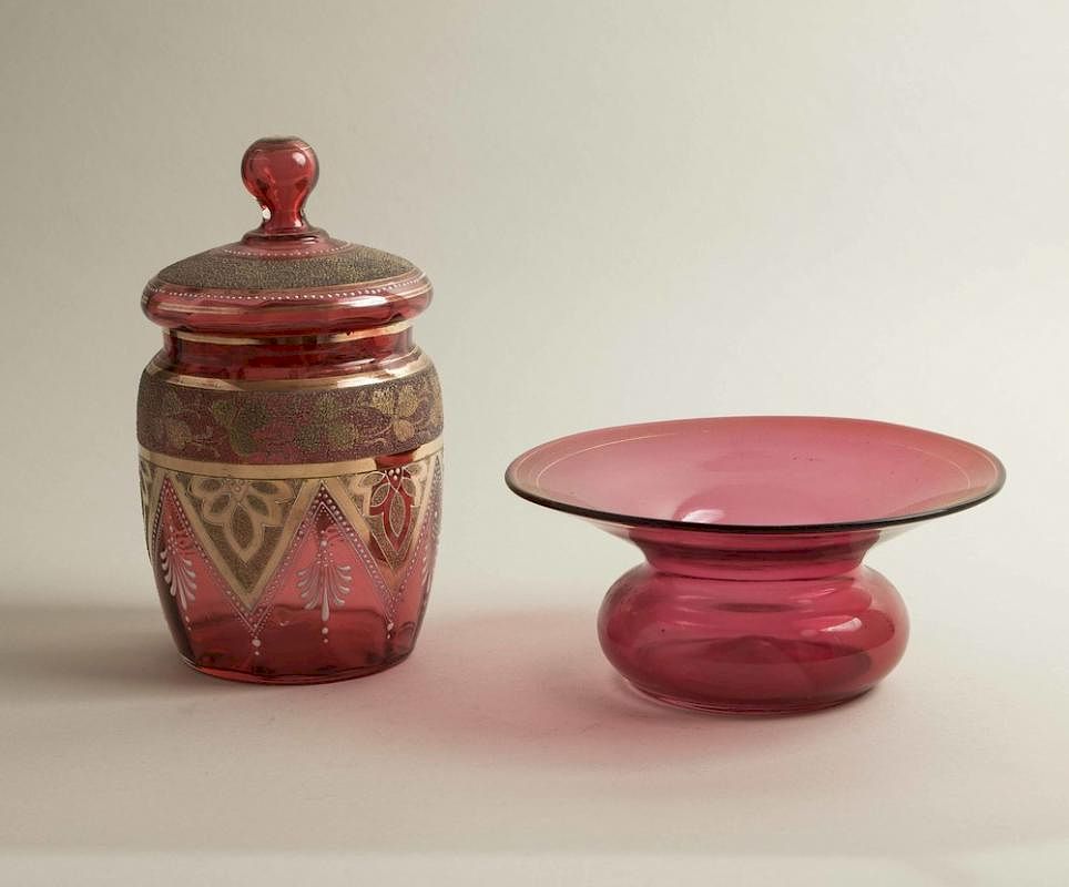 Appraisal: Cranberry Art Glass Jar and Vase Cranberry art glass low