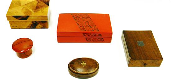 Appraisal: Five boxes including red lacquer floral decoration '' h ''