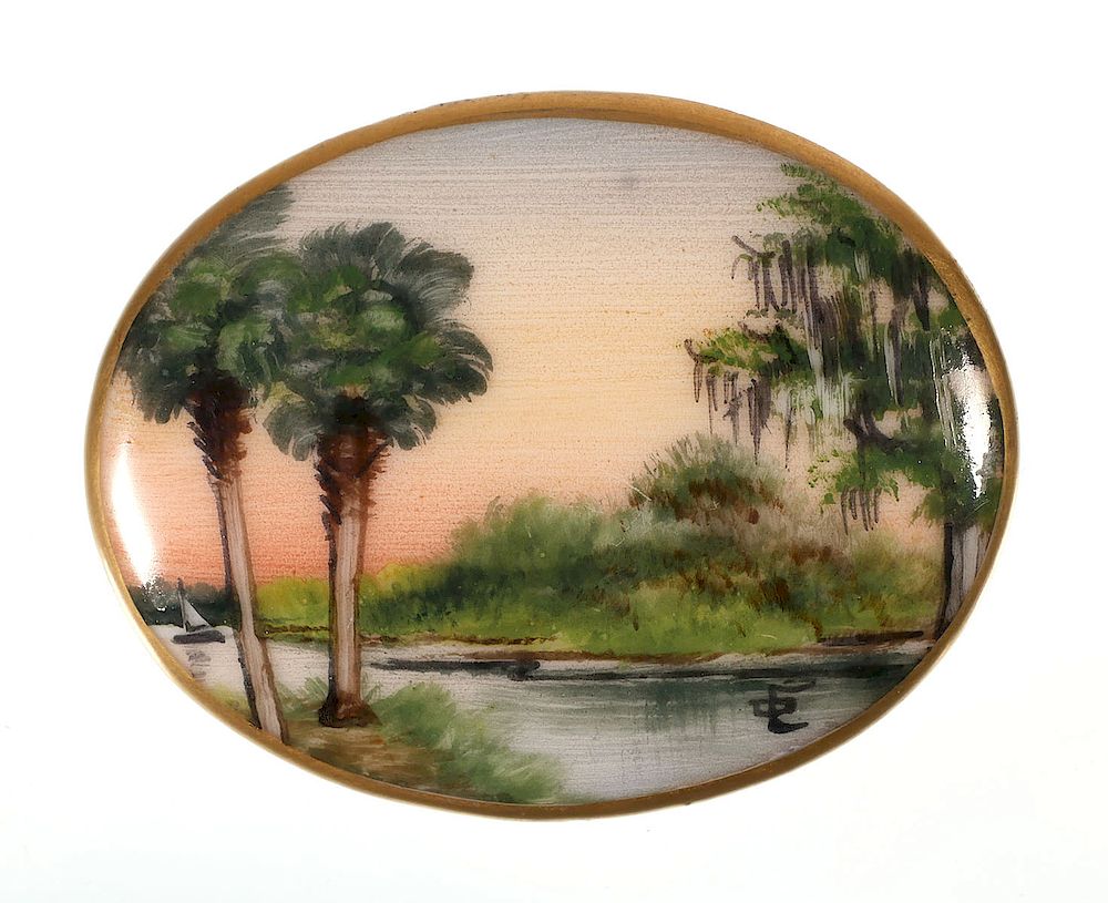 Appraisal: OLIVE COMMONS Cameona Pin Florida scene painted on porcelain --