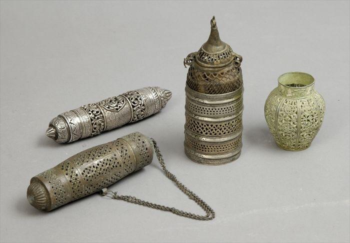 Appraisal: Four Eastern Metalwork Articles Including two scroll holders a cuff