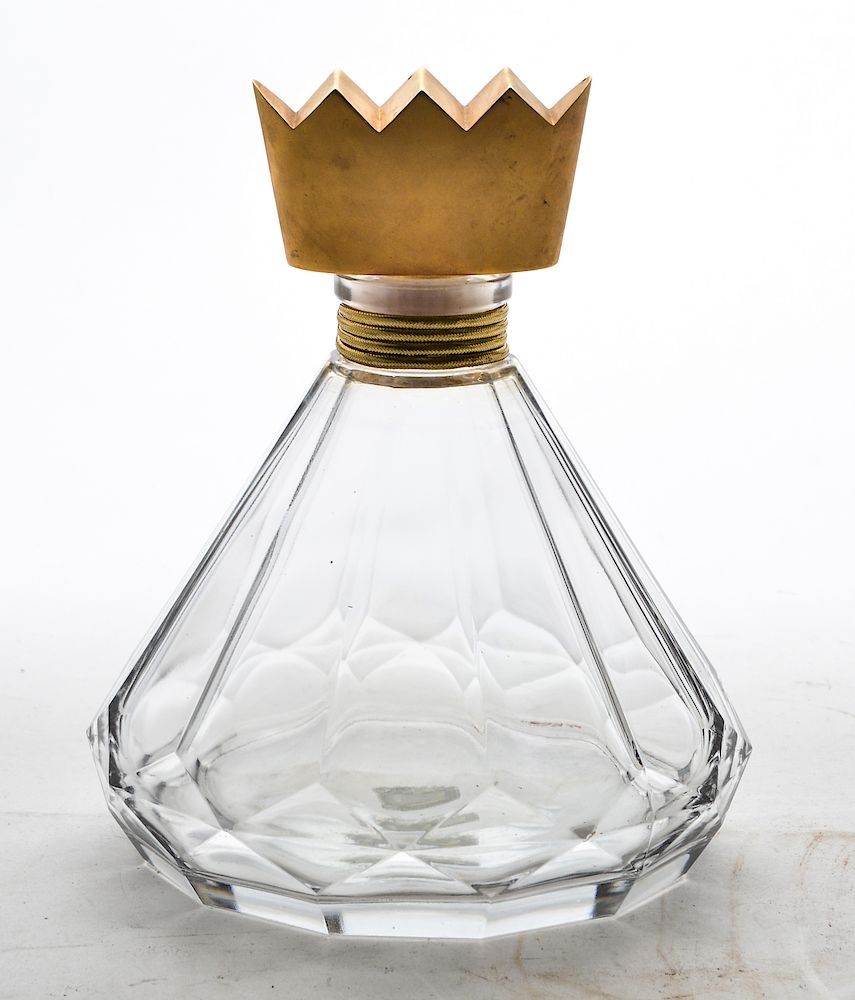 Appraisal: Large Glass Decanter w Gilt Metal Crown Stopper Large faceted