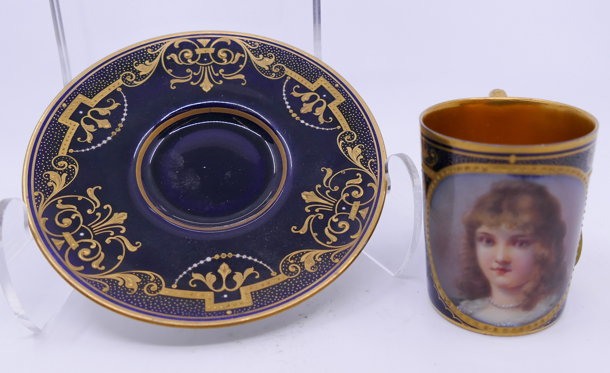 Appraisal: Royal Vienna Hand Painted Portrait Cobalt Demitasse Cabinet Cup Saucer