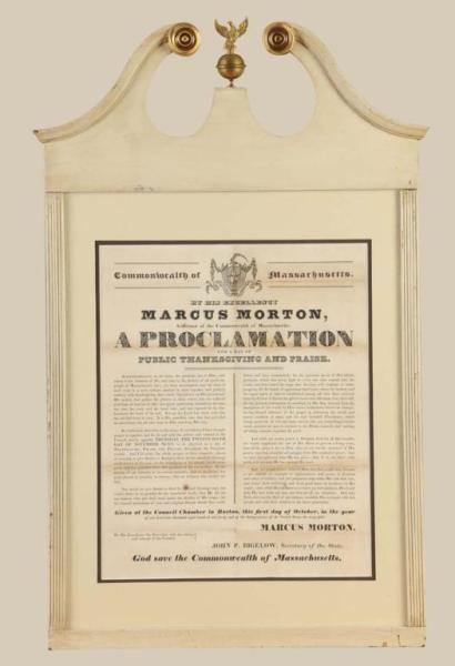 Appraisal: Massachusetts Printed Thanksgiving Proclamation Description Document H x - W