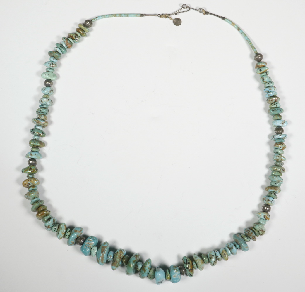 Appraisal: TURQUOISE NUGGET AND SILVER BEAD NECKLACE Vintage Native American Crafted