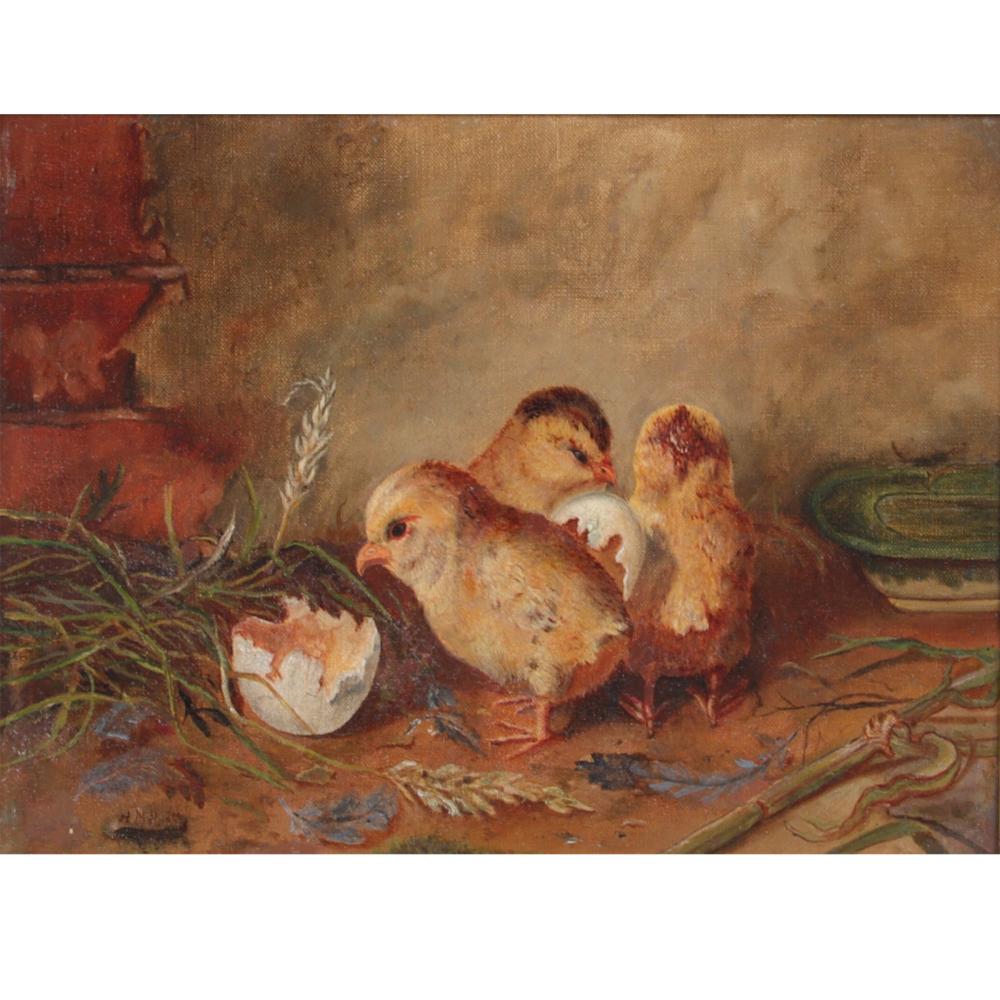 Appraisal: H M Ribey th Century Hatchlings oil on canvas on