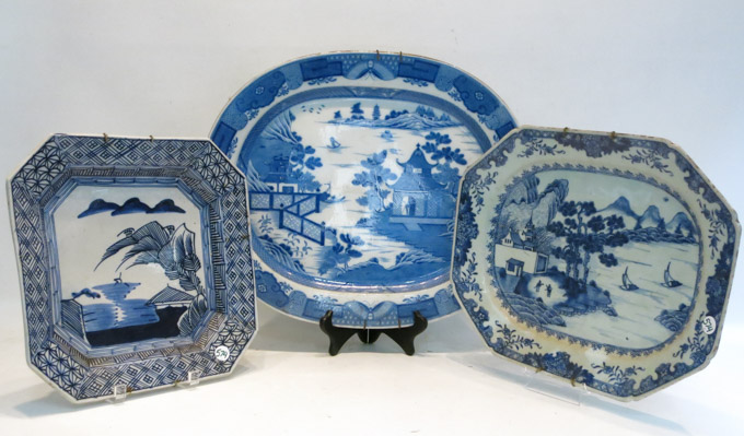 Appraisal: THREE ASIAN BLUE AND WHITE PORCELAIN PLATTERS of oval and