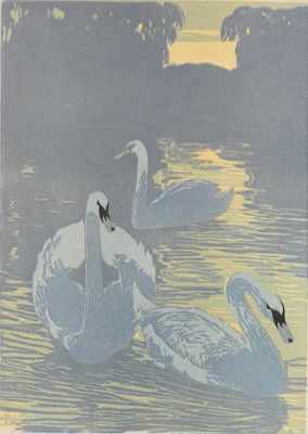 Appraisal: Hans Neumann Jr German - Swans in Park Woodcut in