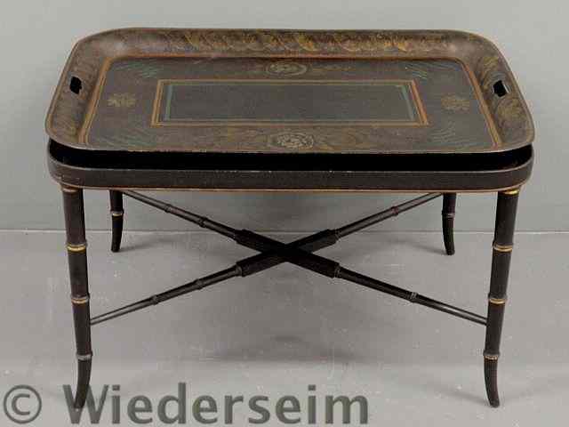 Appraisal: Black Regency Tole decorated tray table with a bamboo turned